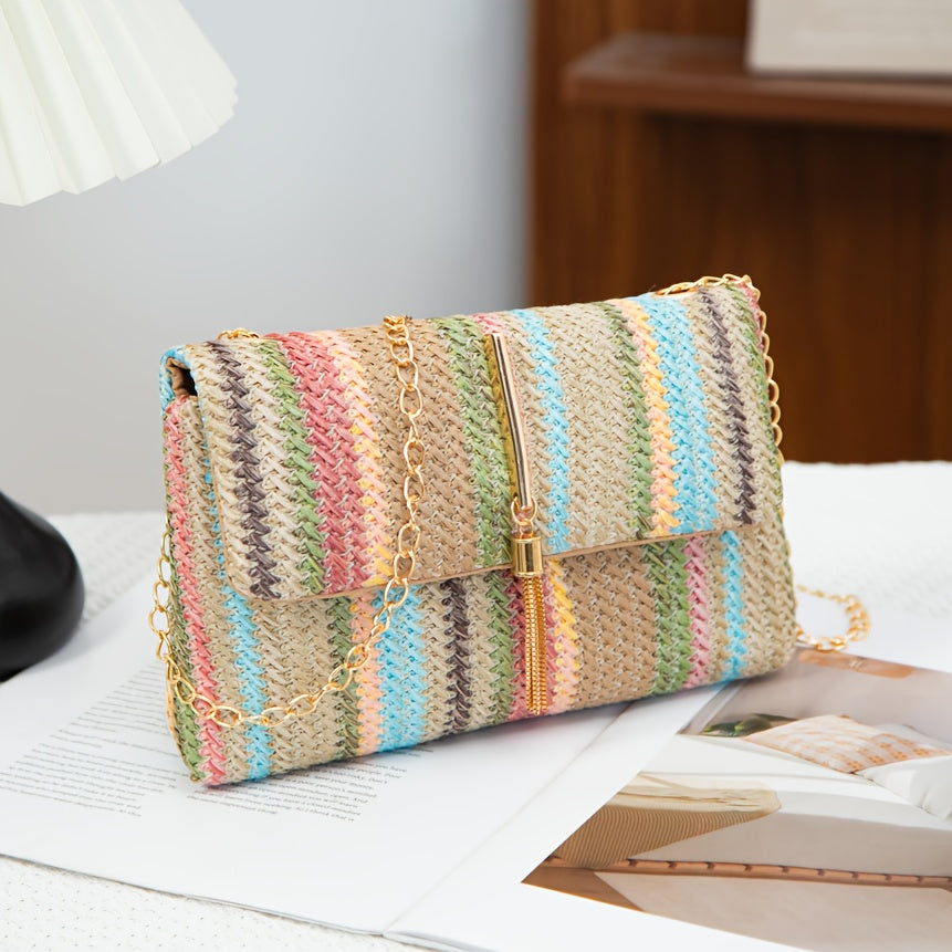 Women's Woven Geometric Pattern Shoulder Bag with Tassel Accents - Detachable Golden Chain Strap & Magnetic Closure, Multicolor Synthetic Material for Urban Chic Style, Novelty Purse, Versatile Fashion Accessory, Polyester Ha