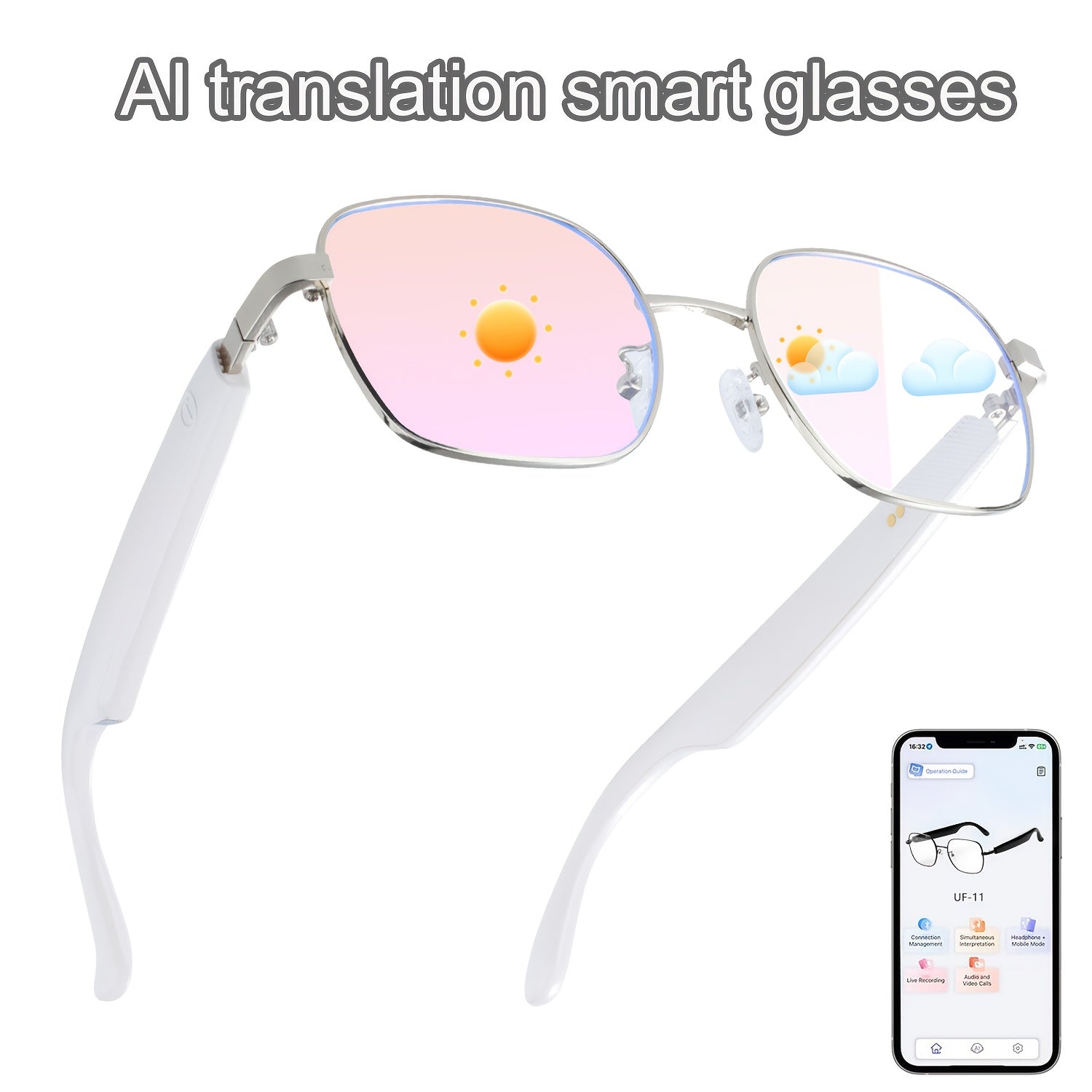 AI Smart Glasses with 160-Language Real-Time Translation & Chat GPT System, Built-in Microphone/Speaker, HD Voice Calls & HIFI Music, Physical Color-Changing Lens, Wireless, High Quality, Magnetic Charging, Long-Lasting Batte