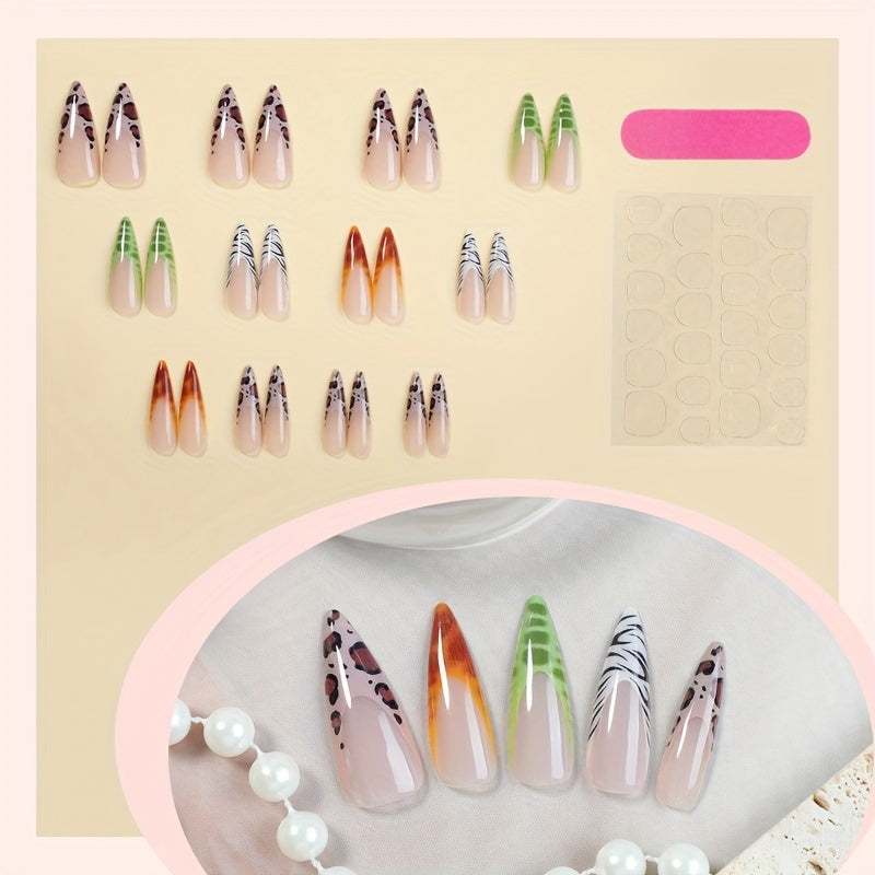 24 French Pointed Almond Long Holiday Nails, French Multi-Color Leopard Print with Slim High-Heeled Nail Tips, Autumn And Winter Sticky Nails, a Full Set of Sticky Nails, Suitable for Women And Girls.