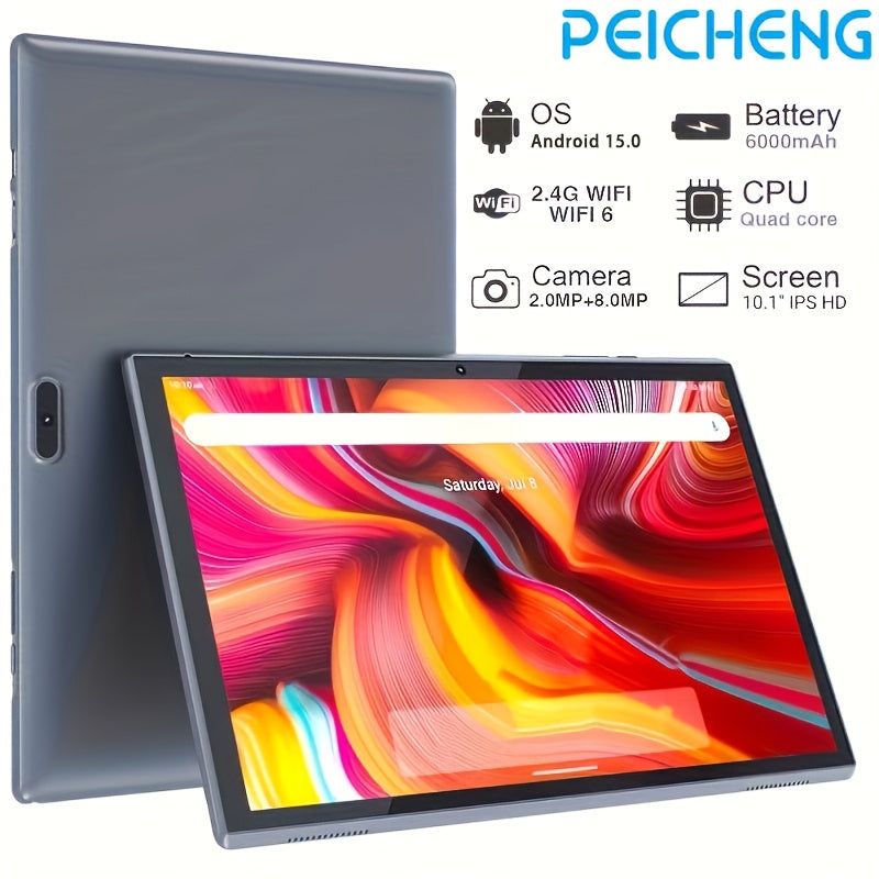PEICHENG 10 inch Pad Android 15 Tablet, RK3326S 4-Core 8(3+5)GB RAM 32GB ROM, 10.1 Inch Tablet, FHD IPS Touch Screen, 2MP Front 8MP Back Camera, Type-C Tablete G-sensor, 6000mAh Larger Battery