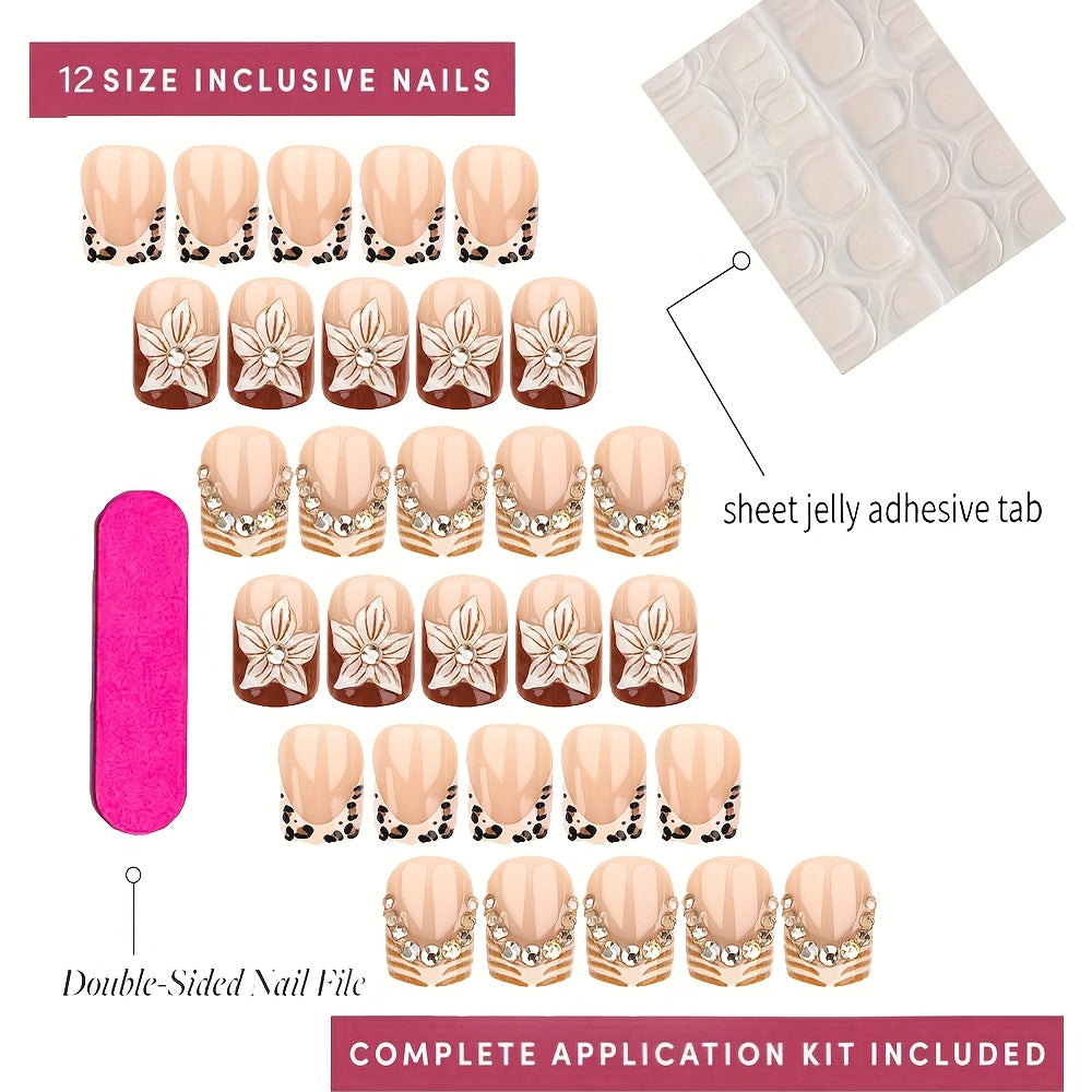 24pcs Brown Leopard Print Pointed Press-On Nail Patches - Ultra-Short Square, Golden Bead Nail Edge Inlay, 3D Brown Carving, Full Coverage Nails, Including (A Piece of Jelly Glue And a Nail File), Perfect Manicure Choice for