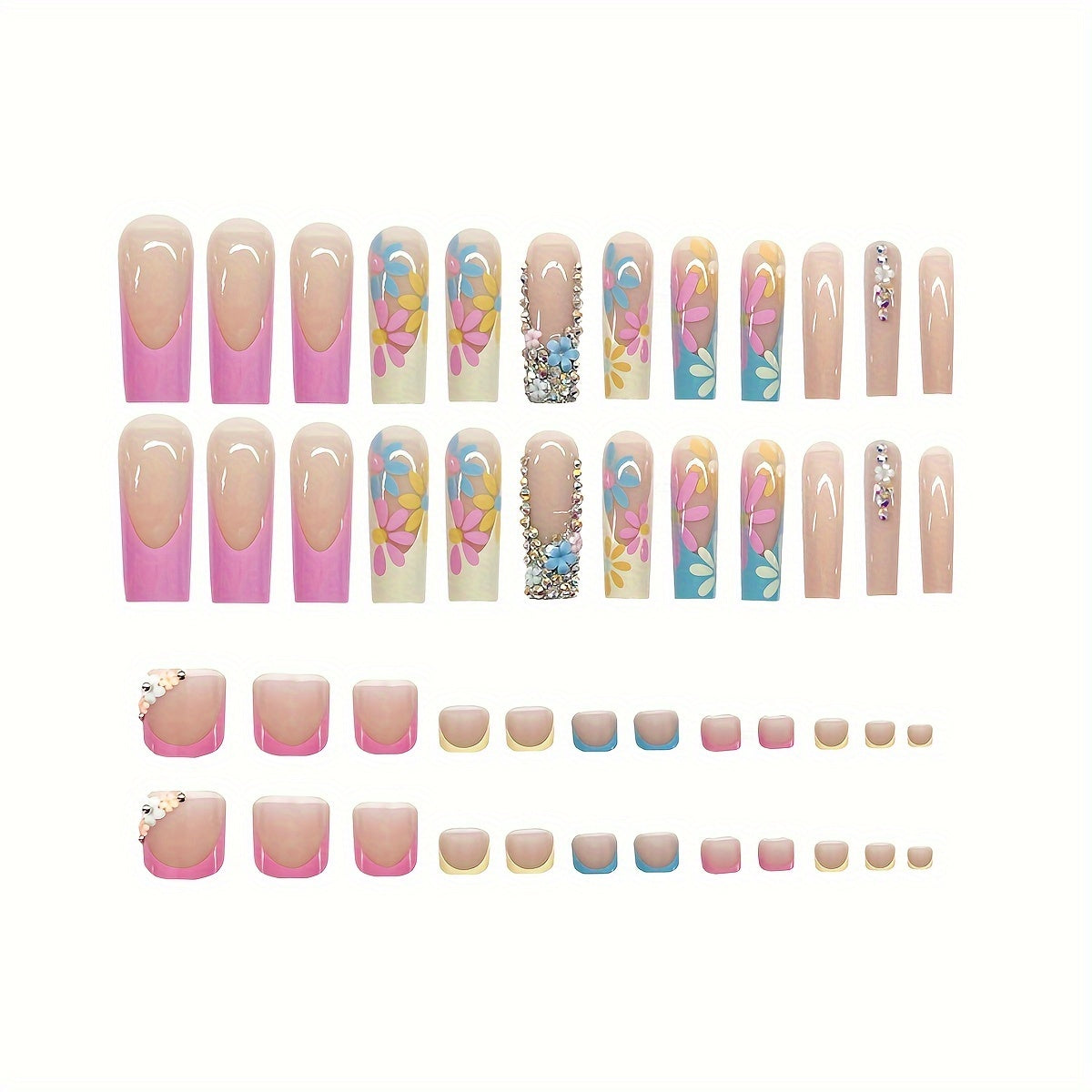 48-Piece Mixed Color System Press-On Nails Set with Square Shape, Long Length, Floral and Glitter Patterns, Glossy Finish - Includes Nail File and Double-Sided Adhesive for Women and Girls.