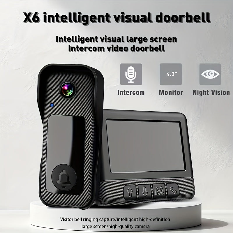 Smart HD WiFi Doorbell, High Quality High-Quality Wireless Camera with Night Vision, Voice Converter, Photos & Videos, 4.3-Inch Screen, 365-Day Standby, Infrared Night Light, Expandable to 128GB Storage, Auto-Recording and Li