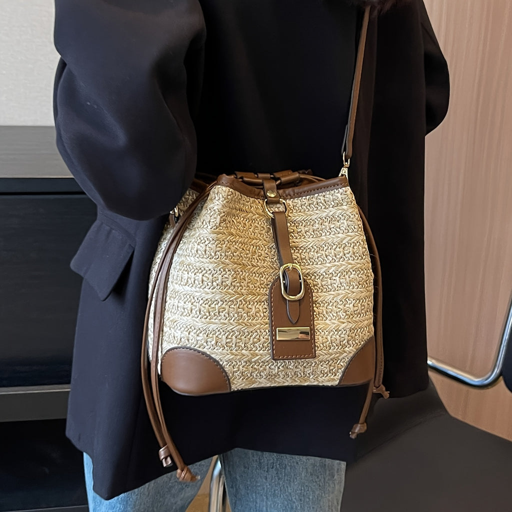LABOONOO Women's Geometric Straw Bucket Bag - Hemp Crossbody Shoulder Purse with Adjustable Drawstring Closure, Beige & Brown Boho-Chic Design for Casual & Formal Occasions, Crossbody Purse