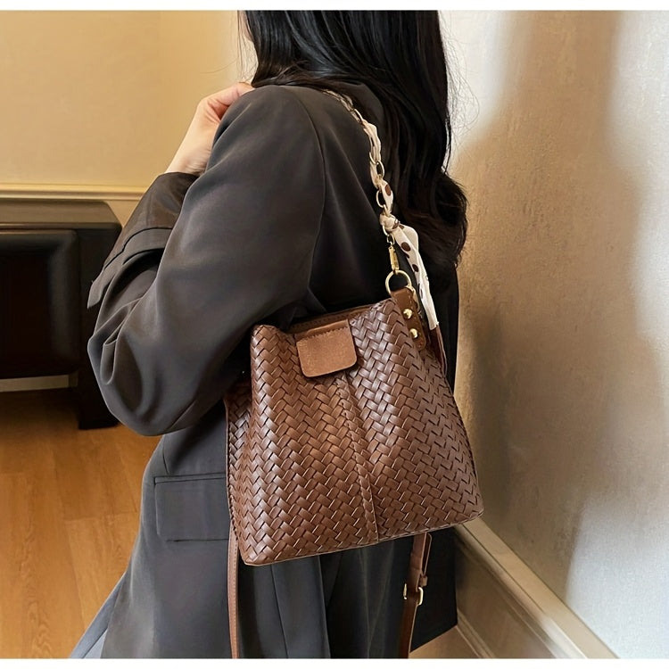 Women's Woven Tote & Bucket Bag - Convertible Crossbody/Handbag with Golden-Tone Hardware, Beige/Black Detachable Strap, Retro Woven-Pattern Shoulder Purse for, Casual & Formal Events (Adjustable, Snap Closure)