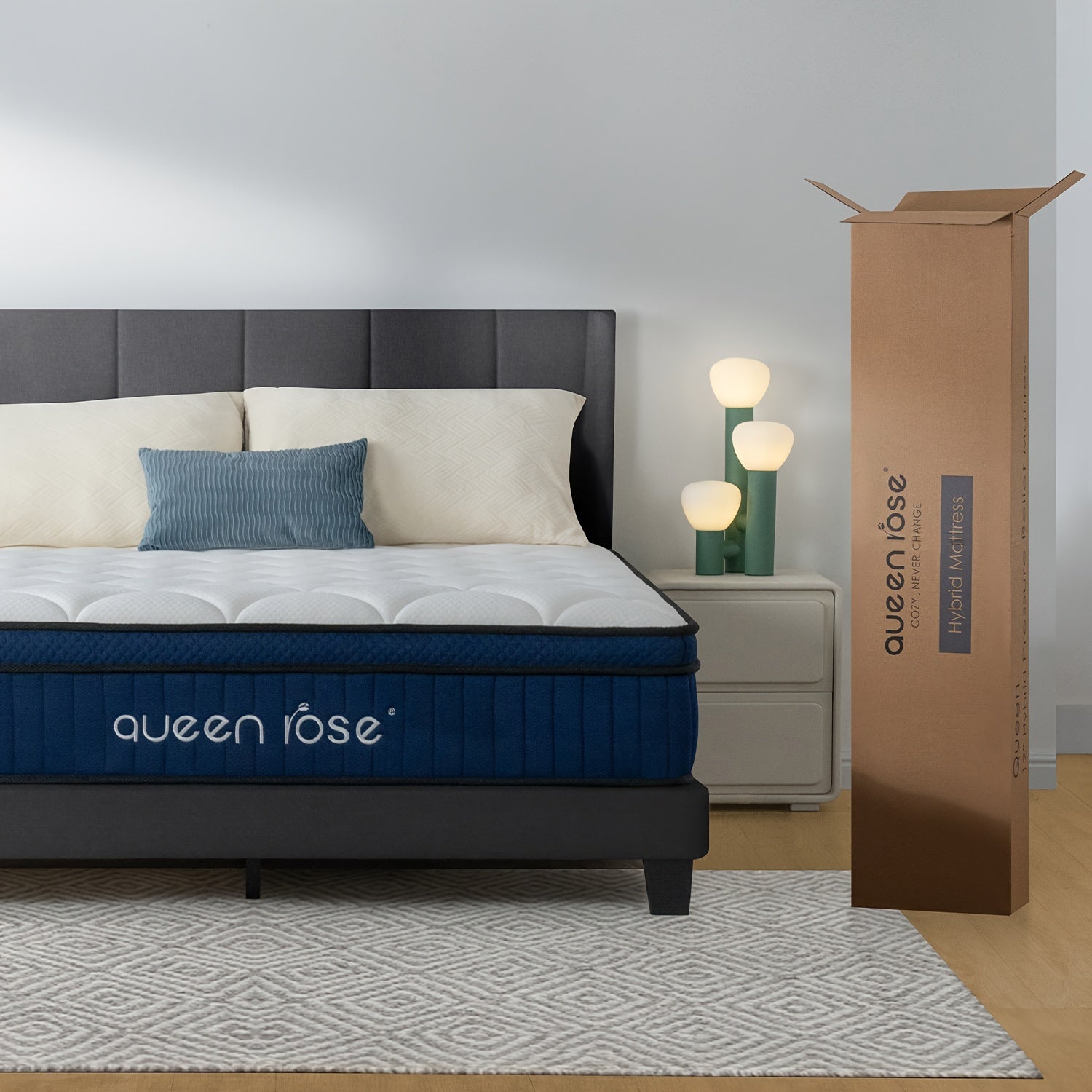 QUEEN ROSE 12 Inch Hybrid Mattress in a Box with Gel Memory Foam & Individually Wrapped Pocket Coils - Medium Soft Feel, Motion Isolation, Edge Support, Cooling Breathable European Cover, Twin/Full/Queen/King Sizes, White & B
