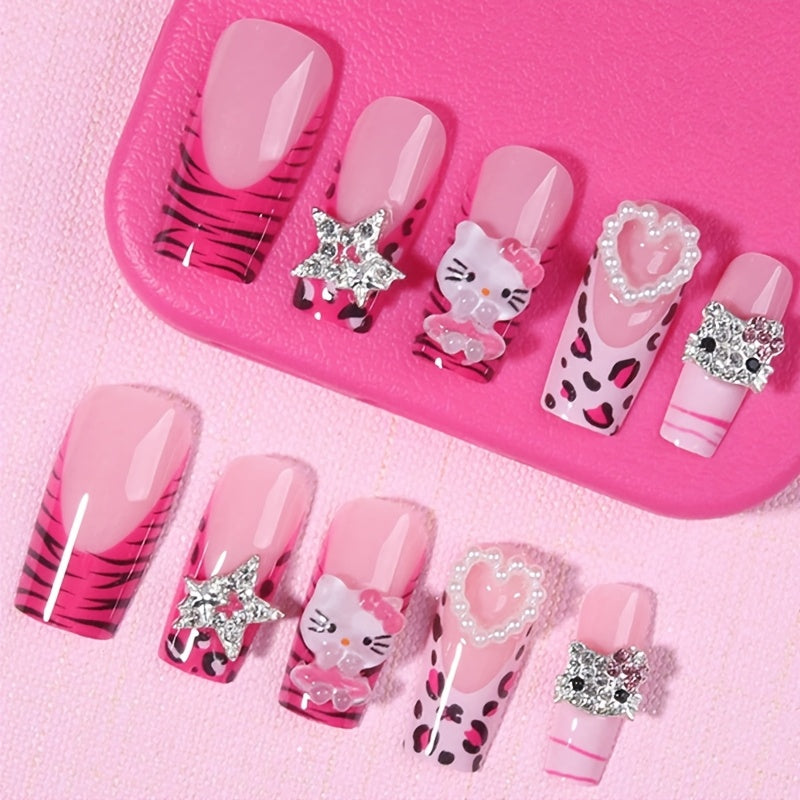 24pcs Sanrio for hello kitty Press-On Nails - Y2K Cute Kitty Cat Design with Red Leopard Print, Medium Coffin Shape, French Tip & Stars, Glossy Finish, Long Length, Pink & White Glitter Accents for Daily Wear & Parties - Perf