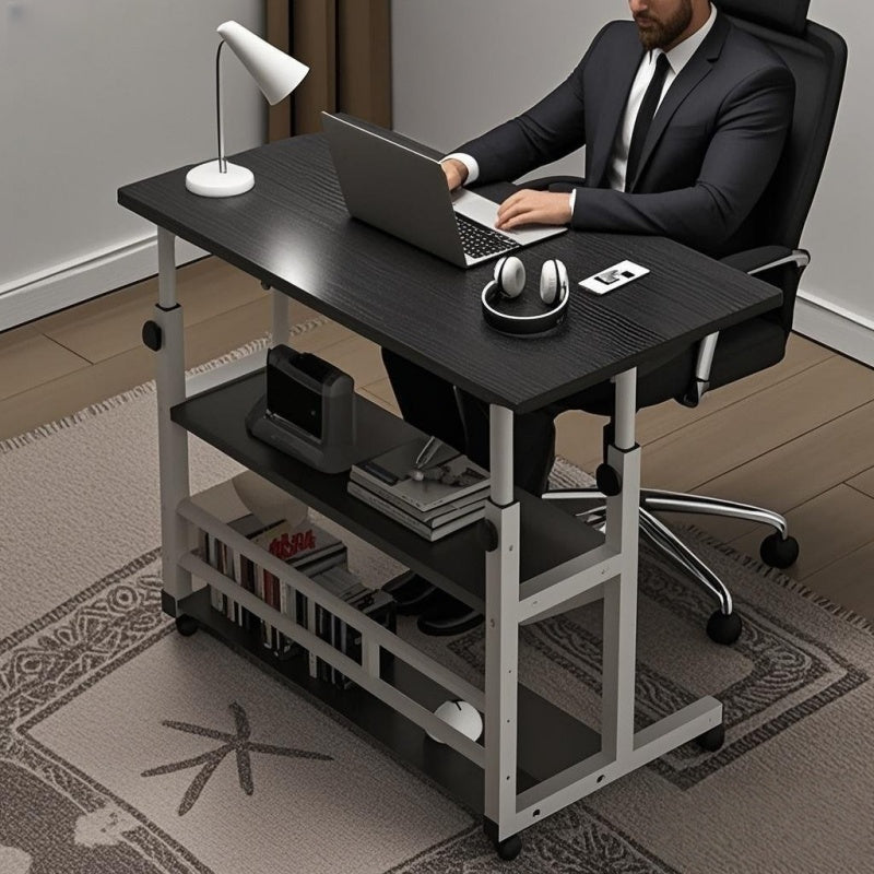 Rolling Table with Wheels, Adjustable Height Heavy-Duty Folding Desk, Storage Shelf & Wood/Metal Frame, Space-Saving Mobile Workstation, Easy Assembly (No Tools), for Office, Bedside, Dorm, Small Spaces, White/Mixed Color