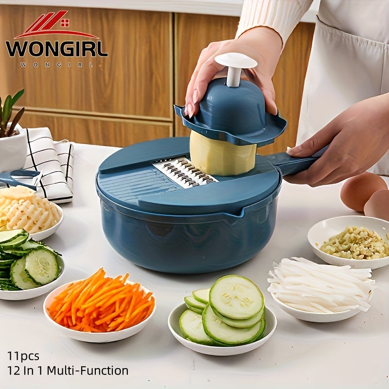 [Essential Kitchen Tool] 11pcs 12-in-1 Multi-Function Vegetable Chopper | Manual Slicer, Shredder, Grater | for Carrots, Potatoes, Radish, Essential Kitchen Tool