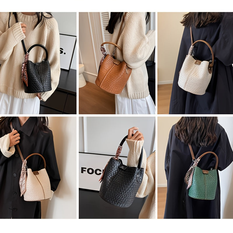 Women's Woven Bucket Handbag & Crossbody Bag - Golden-Tone Hardware, ic Closure, Detachable Strap - Deep Brown/Beige/Green/Black - Elegant Tote for, Travel, Formal Events - Durable Wipe-Clean