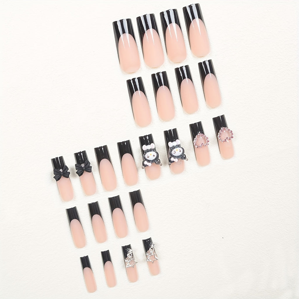 24pcs Long Coffin Nail Stickers Sanrio Black French Cute 3D Rhinestone Pink Heart Bow Silvery Star Charm Fake Nails Set with Jelly Glue and Scraper, Suitable for Daily Use, Parties, and Gatherings
