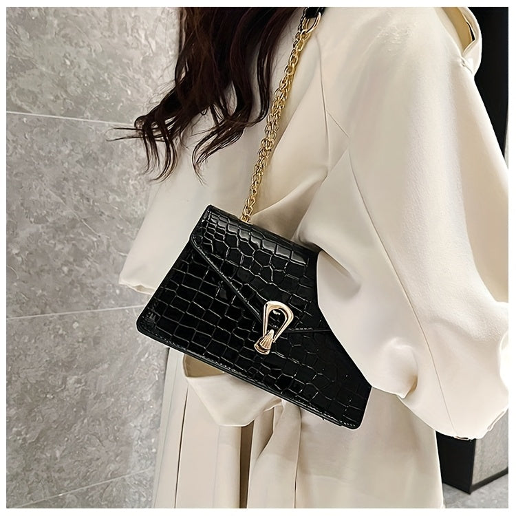 Pink Snake Print Crossbody BagFor Women, Stylish Women's Crocodile Pattern Handbag - Black Shoulder Bag With Detachable Strap Golden-Tone Hardware & Chain Strap, Crossbody Bag Purse Christmas Bags For Gifts Christmas Gift Bag