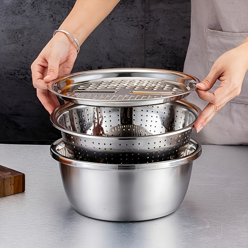 3pcs Stainless Steel Kitchen Set with Integrated Grinder, Multifunctional Filter and Mixing Bowl - Ideal for Cleaning and Slicing Fruits, Vegetables, Cheese | Food Safety with Drainage System, Perfect for Home Cooking, Kitche