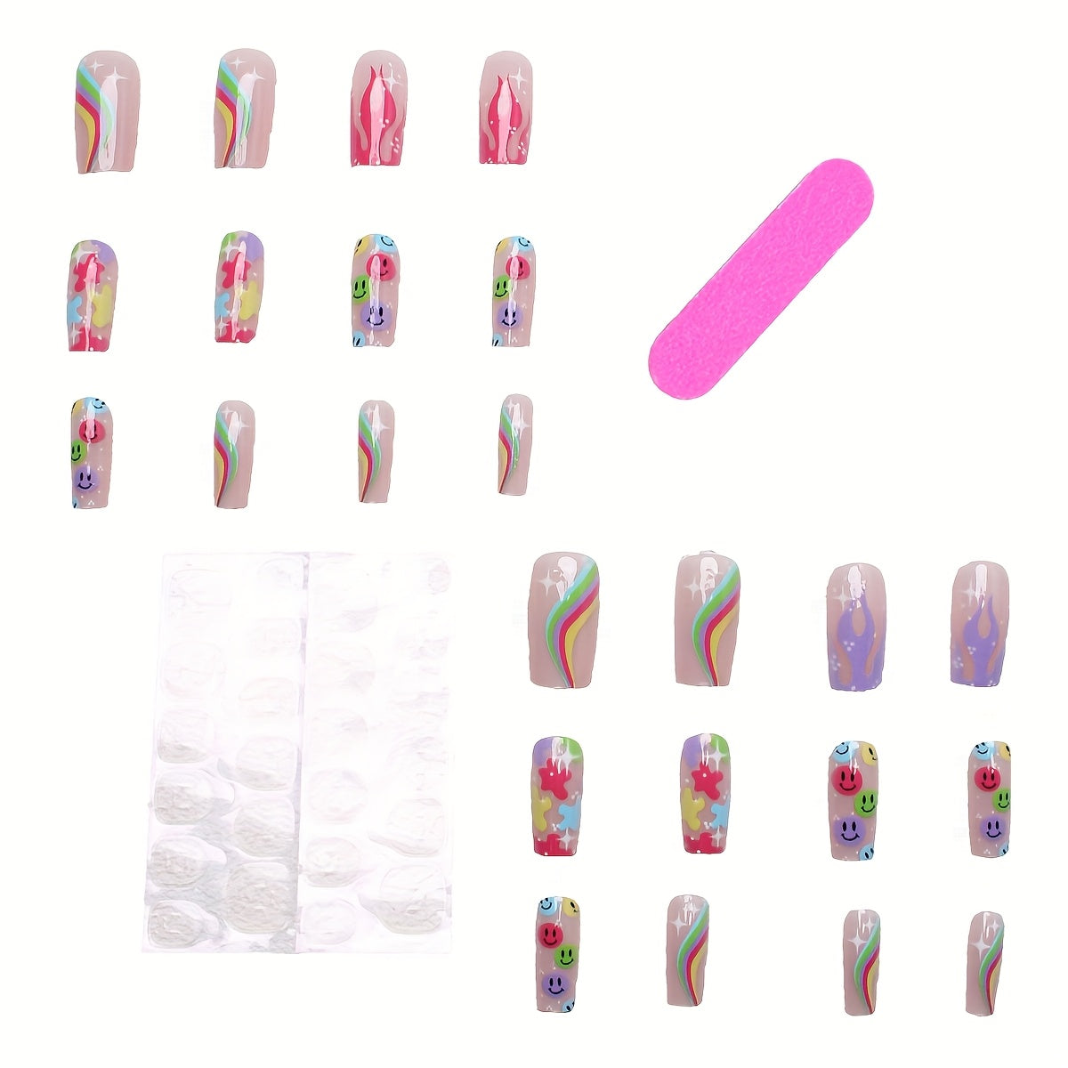 24pcs Colorful Smile & Rainbow Clouds Press-On Nails, Mid-Length Oval Fake Nails with Glossy Finish - Stripe & Flame Patterns, Includes Application Tool, Ideal for Daily Wear