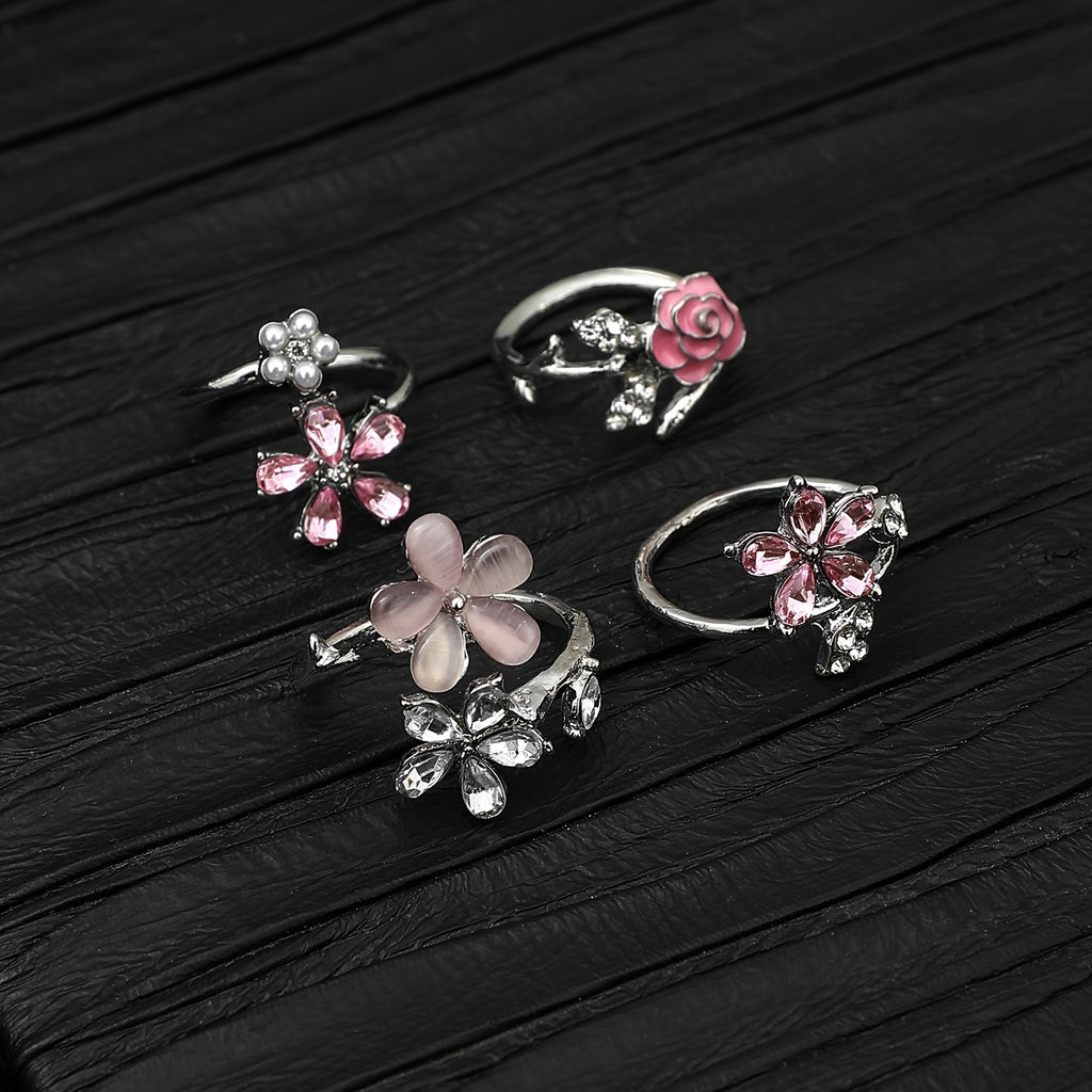 4pcs Set of Alloy Water Artificial Pearl Glazed Layered Rings. Fashionable Elegant Sexy Floral Pink Series, Water Artificial Pearl Sexy Flower Wedding