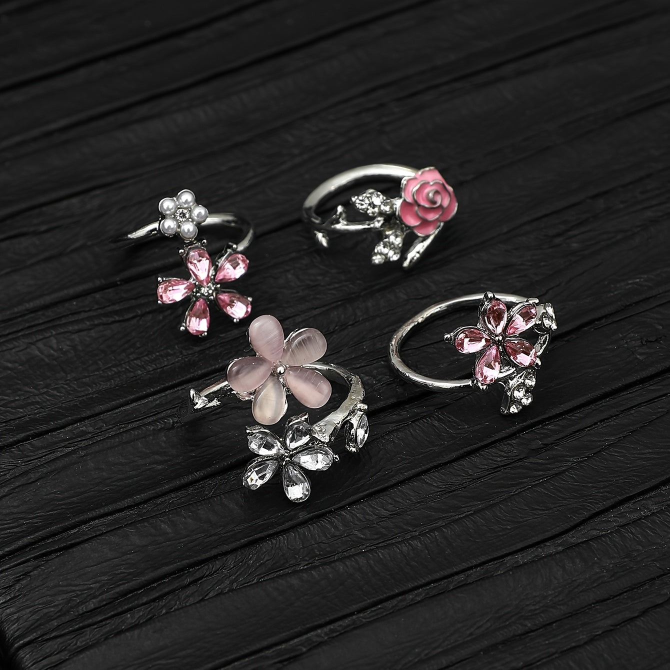 4pcs Set of Alloy Water Artificial Pearl Glazed Layered Rings. Fashionable Elegant Sexy Floral Pink Series, Water Artificial Pearl Sexy Flower Wedding