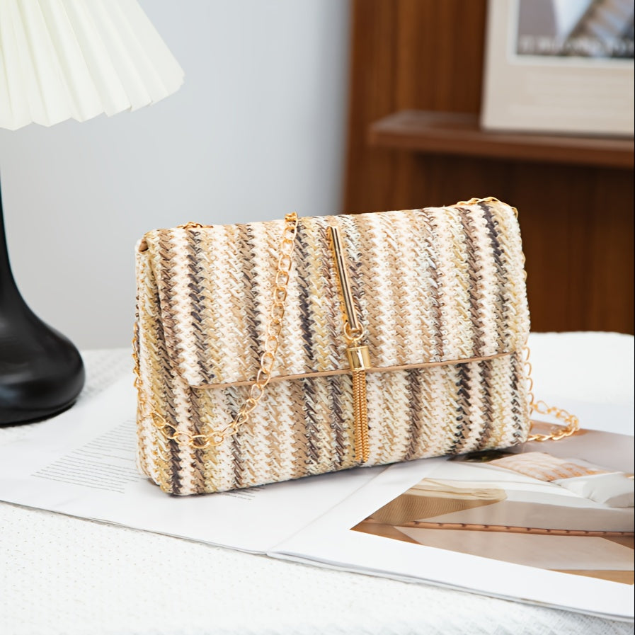 Women's Woven Geometric Pattern Shoulder Bag with Tassel Accents - Detachable Golden Chain Strap & Magnetic Closure, Multicolor Synthetic Material for Urban Chic Style, Novelty Purse, Versatile Fashion Accessory, Polyester Ha