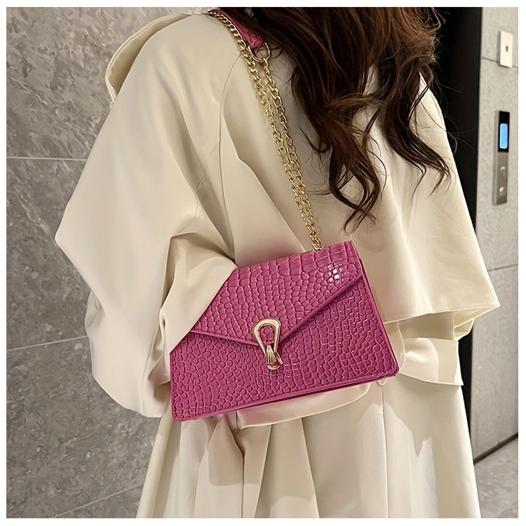 Pink Snake Print Crossbody BagFor Women, Stylish Women's Crocodile Pattern Handbag - Black Shoulder Bag With Detachable Strap Golden-Tone Hardware & Chain Strap, Crossbody Bag Purse Christmas Bags For Gifts Christmas Gift Bag