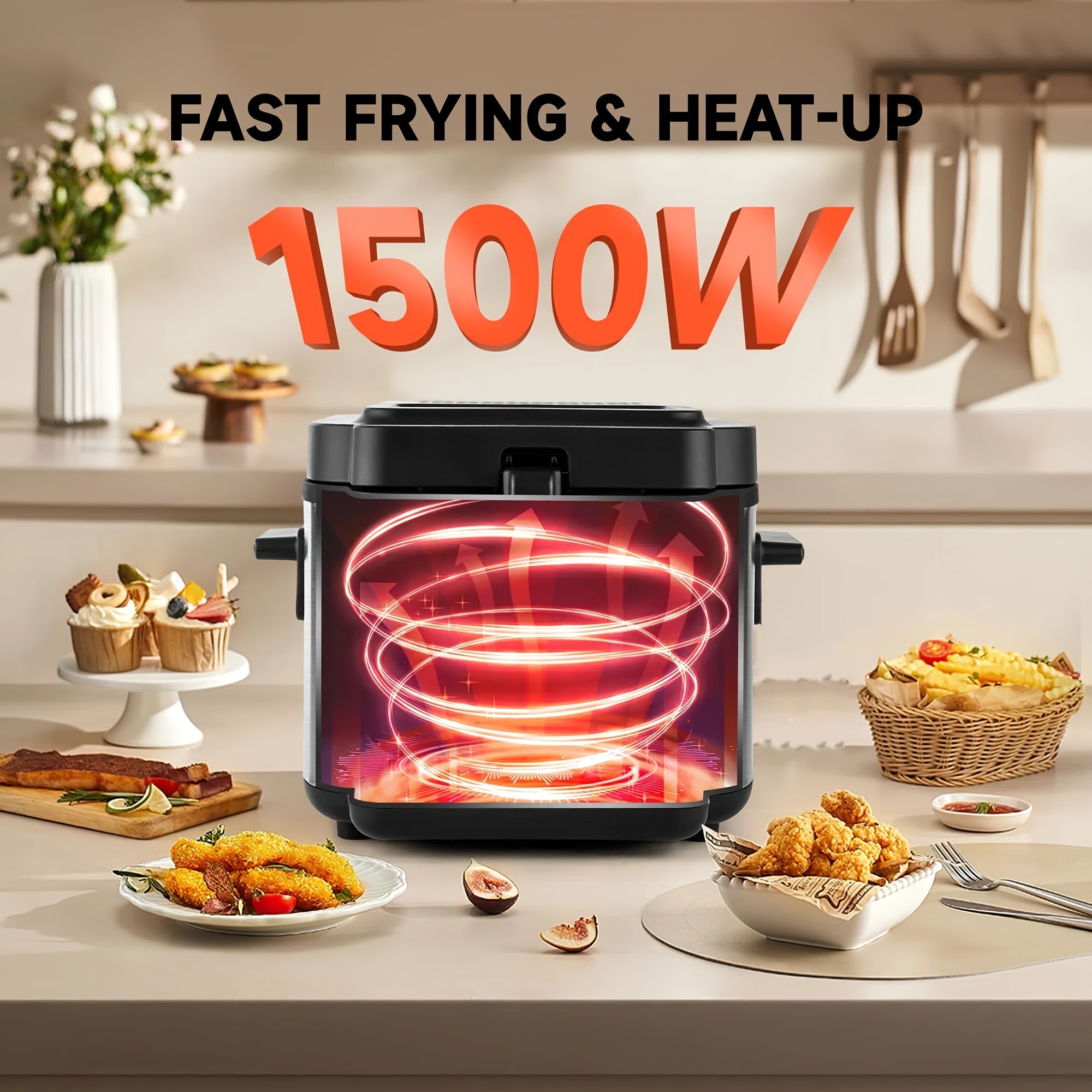 SUSTEAS 1500W Smokeless Electric Fryer with Precise Temperature Control, Removable Basket & Non-Stick Basket - Large Capacity for Home/Commercial Use, Dishwasher-Safe, Compact Design - Ideal Gift for Cooking Enthusiasts & Fat