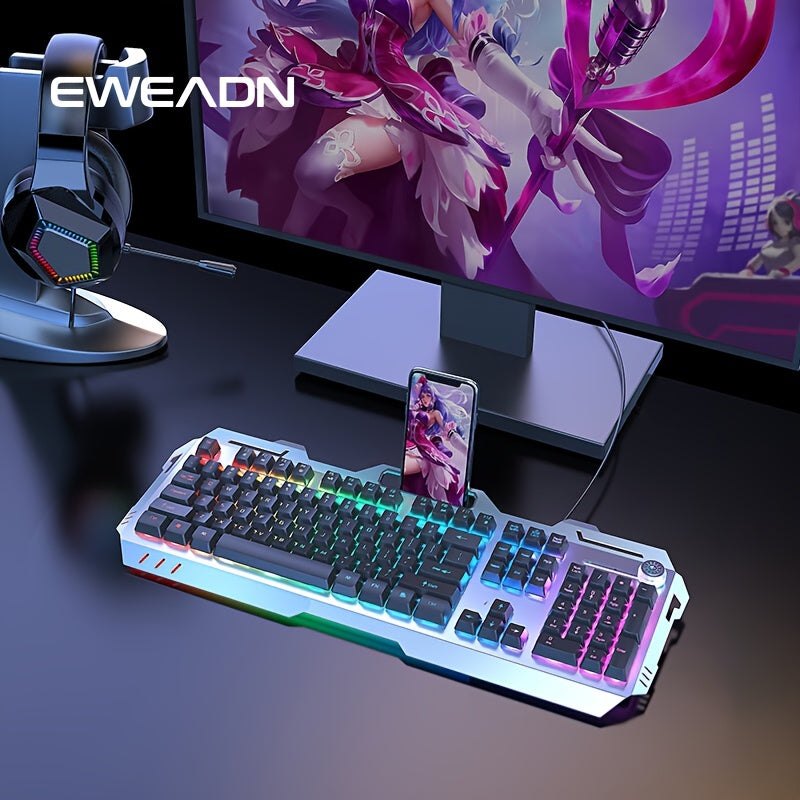[EWEADN LED Gaming Keyboard] EWEADN 104 Keys LED Backlit Wired Gaming Keyboard - Ergonomic Silent Design, Adjustable Volume Knob, USB Powered, for Desktop & Notebook Computers, Office Accessories