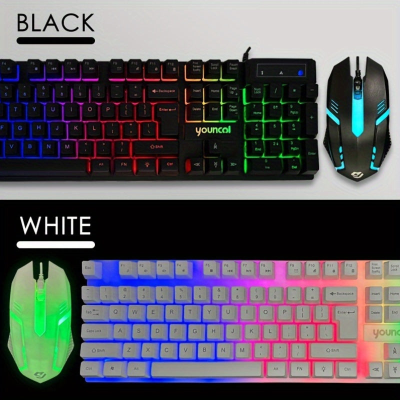 [Rainbow Backlit Gaming Set] Rainbow Backlit Wired Gaming Keyboard and Mouse Set | 19-Key Rollover, Adjustable Brightness, 2 Lighting Modes, Ergonomic Design, Hotkeys, Media Keys, USB Powered, No Battery, for Home Entertainme