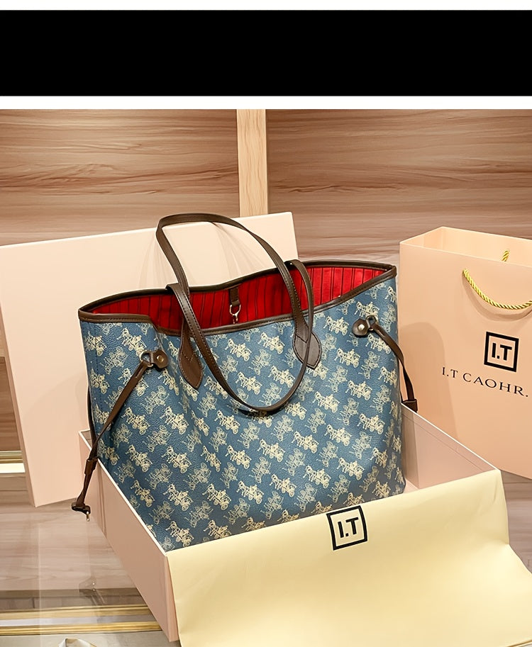 Elegant Floral Tote Bag with Red Interior, Large Capacity, Golden-Tone Hardware, And Detachable Shoulder Strap - Ideal for Daily Travel And Commuting, Travel Tote Bag | Floral Print Tote | Durable Handles, Tote Bag