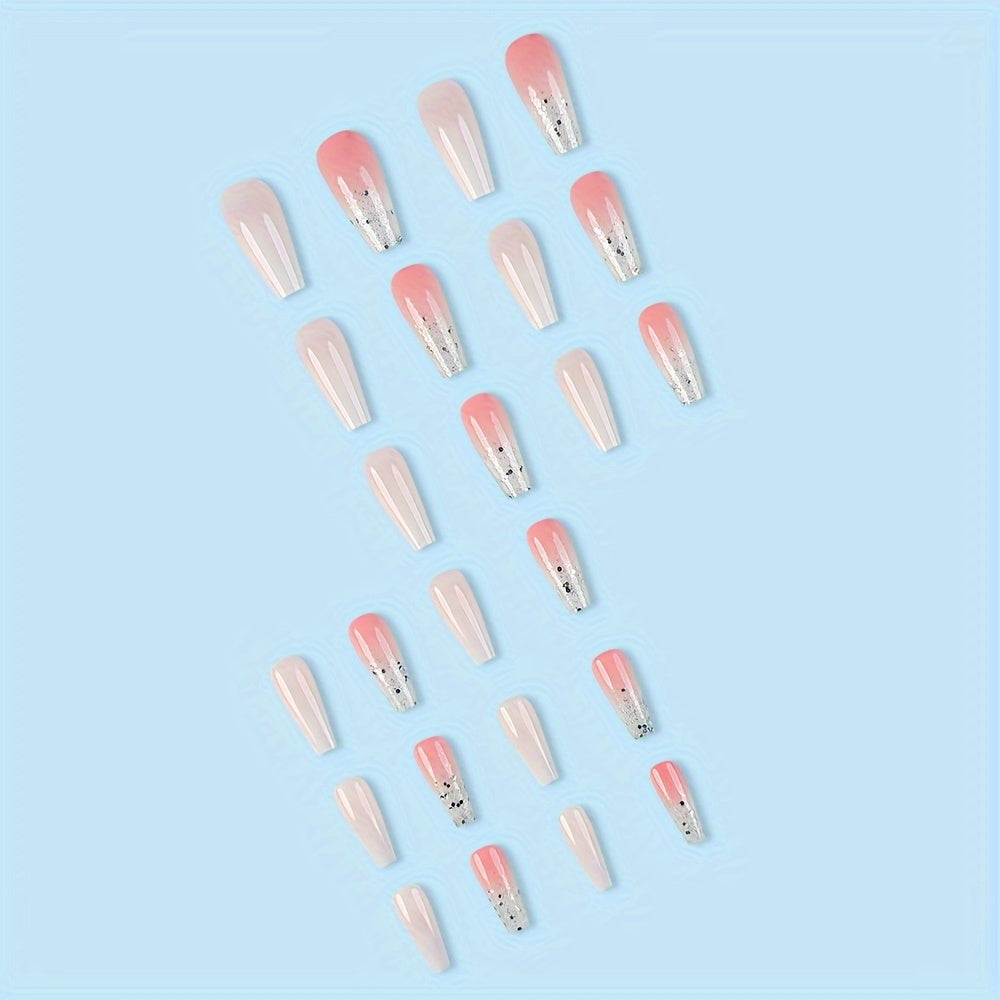 [Pink Coffin Nail] 24pcs Long Coffin Nail | Pink Fashion Gradient Shimmer Glitter