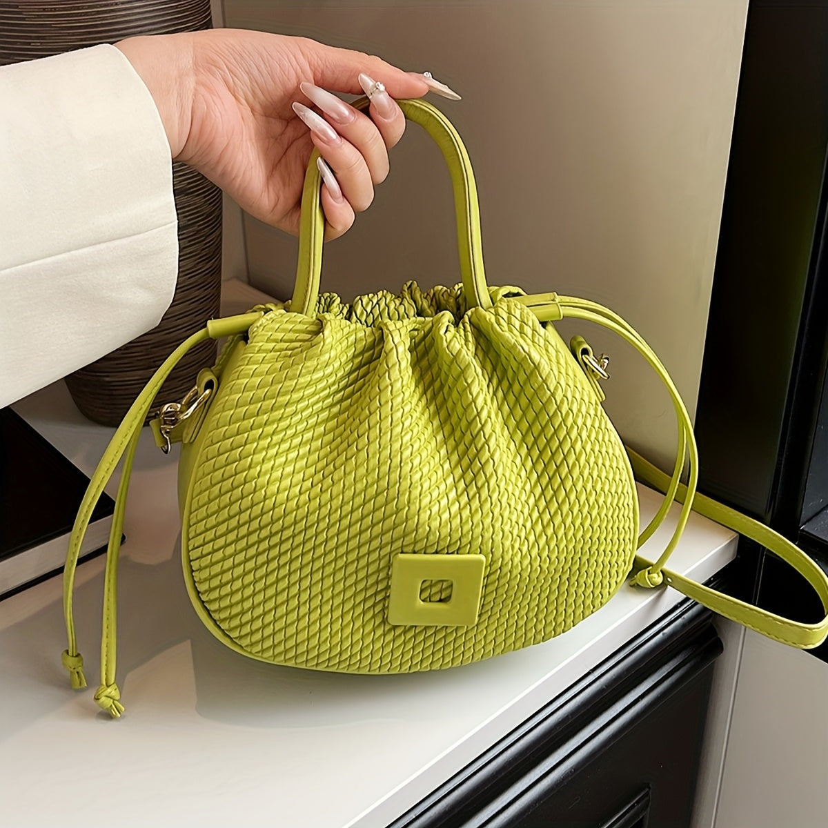 Elegant Lime Green Women's Handbag - Chic Woven Texture, PU Material with Drawstring Closure, Stylish Small Tote for Everyday Use, Cute Purse