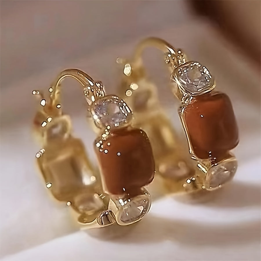 Elegant 14K Golden Plated Zinc Alloy Hoop Earrings with Artificial Crystal Mosaic, Geometric Enamel Design for Women, Versatile for Daily Wear & Gift-Giving, All-Season Accessory