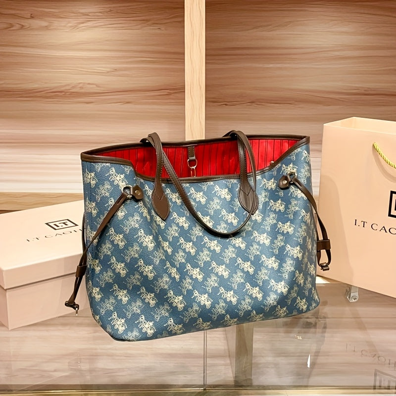 Elegant Floral Tote Bag with Red Interior, Large Capacity, Golden-Tone Hardware, And Detachable Shoulder Strap - Ideal for Daily Travel And Commuting, Travel Tote Bag | Floral Print Tote | Durable Handles, Tote Bag