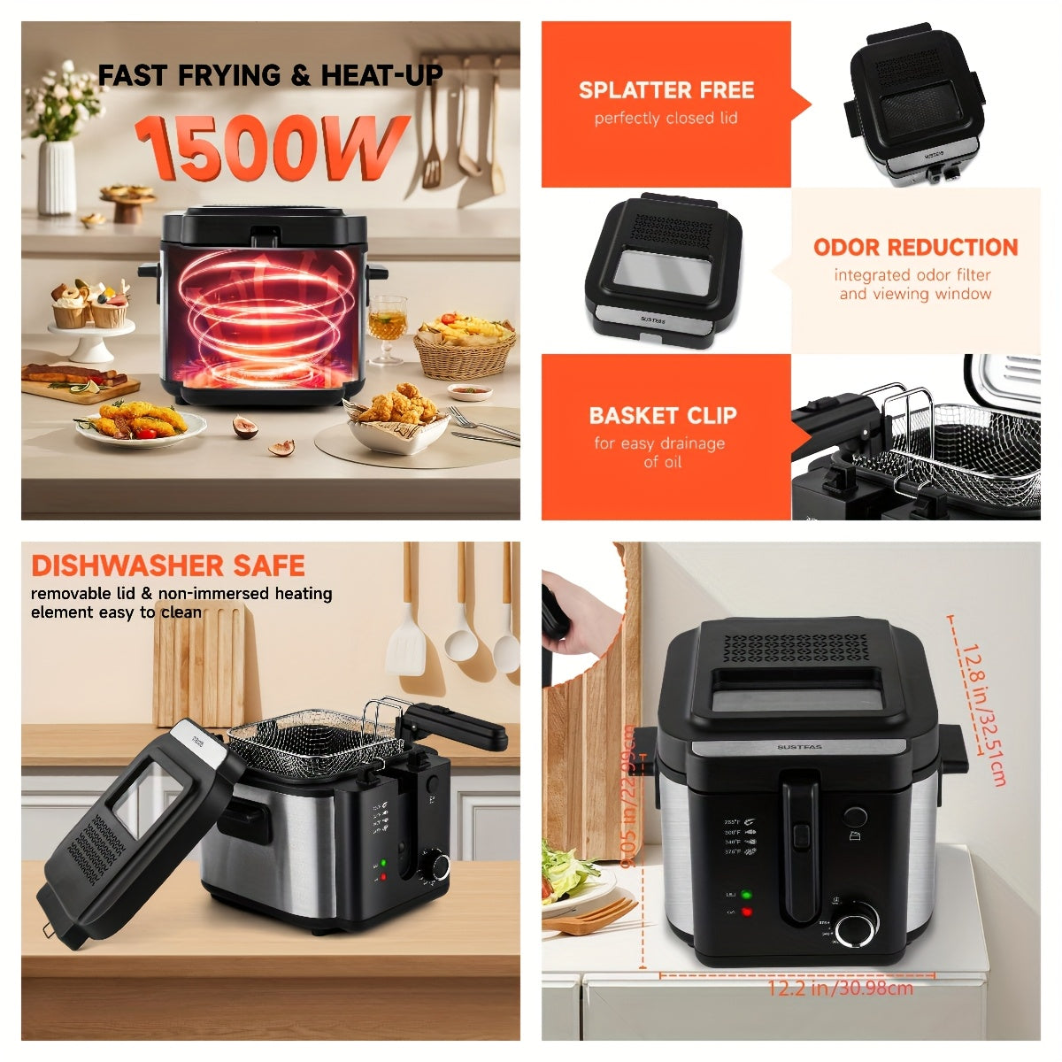 SUSTEAS 1500W Smokeless Electric Fryer with Precise Temperature Control, Removable Basket & Non-Stick Basket - Large Capacity for Home/Commercial Use, Dishwasher-Safe, Compact Design - Ideal Gift for Cooking Enthusiasts & Fat