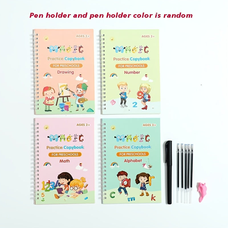 Book Set of 4 Books + 5 Refills + 1 Pen Holder: Groove Practice Magic Stickers, Calligraphy Practice Word Stickers, Writing Book, Enlightenment, Beginner Repetitive Writing, Handwriting Disappears