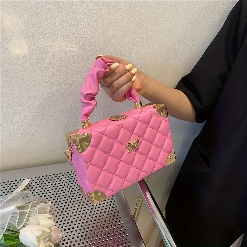 Elegant Quilted Diamond Pattern Mini Box Bag with Bow Accent - Women's Ruched Handle & Chain Strap   in Orange, Pink, White, Green, Black | Faux Synthetic Leather, Faux Fur Lined, Ladies Handbags