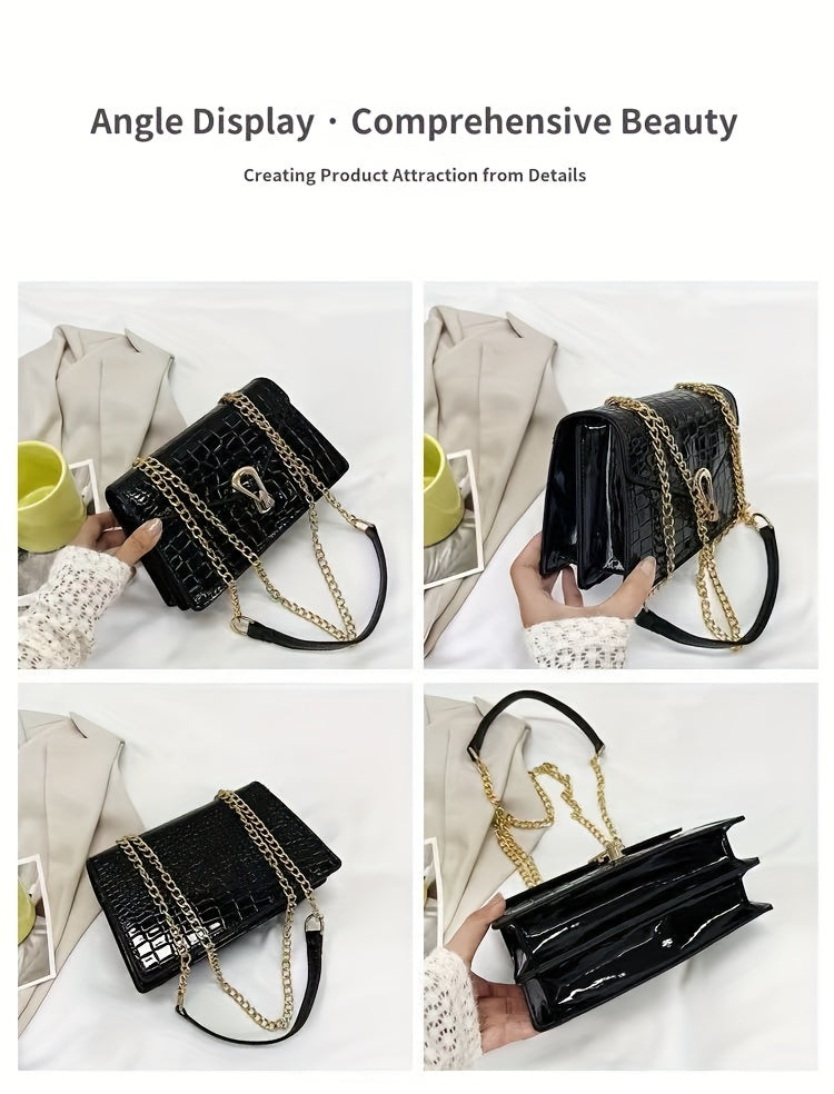 Pink Snake Print Crossbody BagFor Women, Stylish Women's Crocodile Pattern Handbag - Black Shoulder Bag With Detachable Strap Golden-Tone Hardware & Chain Strap, Crossbody Bag Purse Christmas Bags For Gifts Christmas Gift Bag