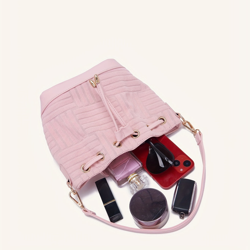 Mini Drawstring Metal Chain Crossbody Bucket Bag, Dacron Textured Bag Purse, Classic Versatile Fashion Shoulder Bag