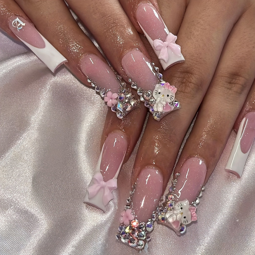 24-Piece Set of Super Long Square Shaped Glossy Press On Nails - Featuring Hello Kitty 3D Glitter Charms, Pink Floral Patterns, and Bow Embellishments for Glamorous Daily Use, Dates, and Parties - Includes Easy-Apply Jelly Ad