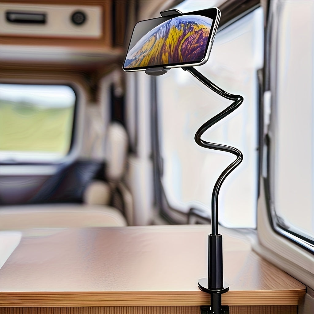 Phone and tablet stand with 360° swivel wheels, adjustable angle for flexible positioning, sturdy and durable design. Perfect as a bedside phone holder without straining your hands. Features an adjustable spiral base tension