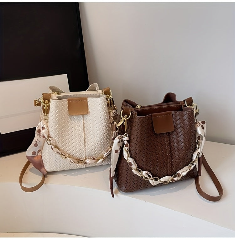 Women's Woven Tote & Bucket Bag - Convertible Crossbody/Handbag with Golden-Tone Hardware, Beige/Black Detachable Strap, Retro Woven-Pattern Shoulder Purse for, Casual & Formal Events (Adjustable, Snap Closure)