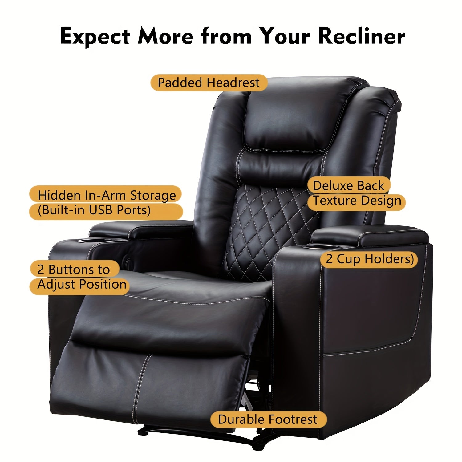 Power Recliner Chair, Heavy-Duty Frame & Soft Faux Leather Upholstery, Hidden Storage & Easy Operation, Compatible with Plug, Black, Modern Lazy Boy Sofa for Home Theater Seating, Easy Assembly