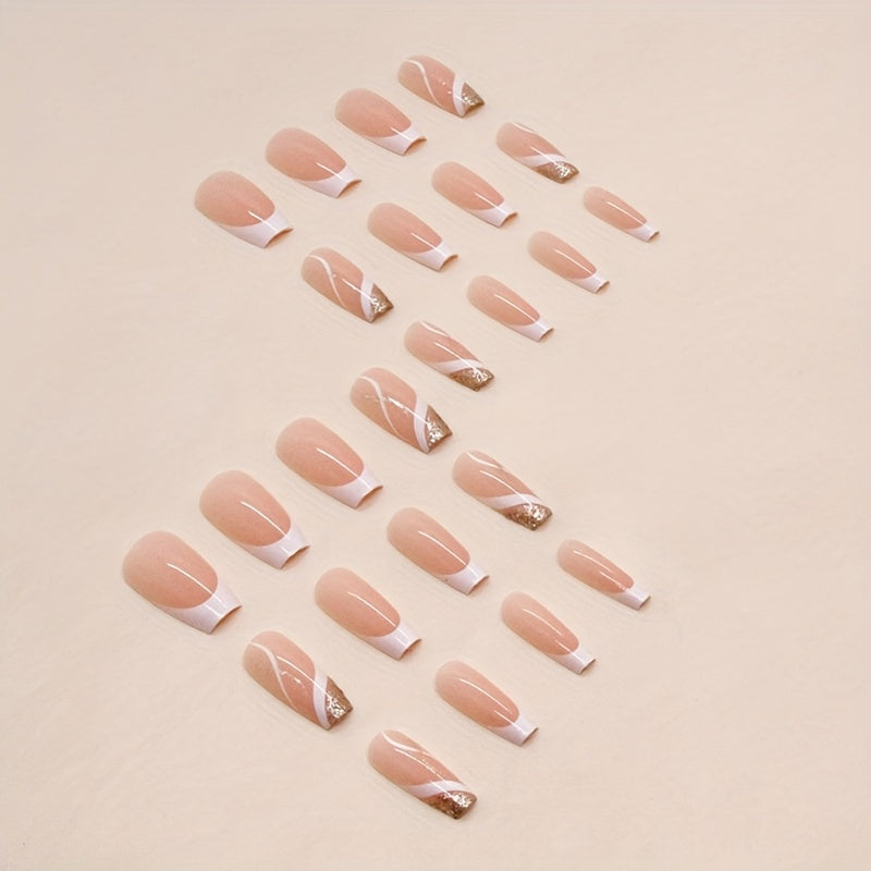 24pcs Glossy Medium Ballerina Fake Nails, White French Tip Press On Nails With Golden Glitter Stripe Design, Minimalist Style Full Cover False Nails For Women Girls