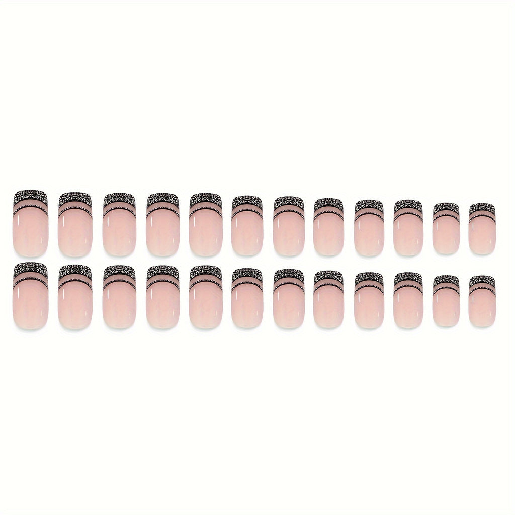 24 Pieces of Elegant Black Striped Geometric French Manicure Nail Tips with Sparkling Finish - Long-Lasting, Easy to Apply, and Reusable - Perfect for Salon or At-Home Nail Art