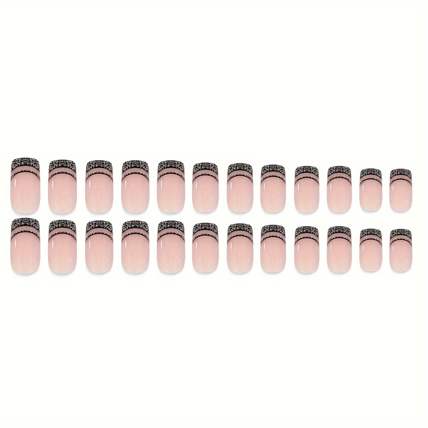 24 Pieces of Elegant Black Striped Geometric French Manicure Nail Tips with Sparkling Finish - Long-Lasting, Easy to Apply, and Reusable - Perfect for Salon or At-Home Nail Art