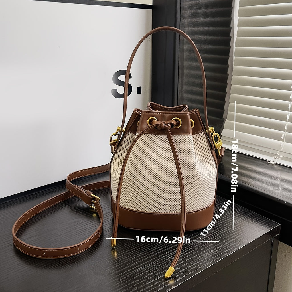 Wo 's Bucket Bag with Braided Rope Closure - Beige & Brown Casual Handbag, Detachable Strap for Shoulder   or Hand Carry, Spacious Everyday Tote for Work & Outings