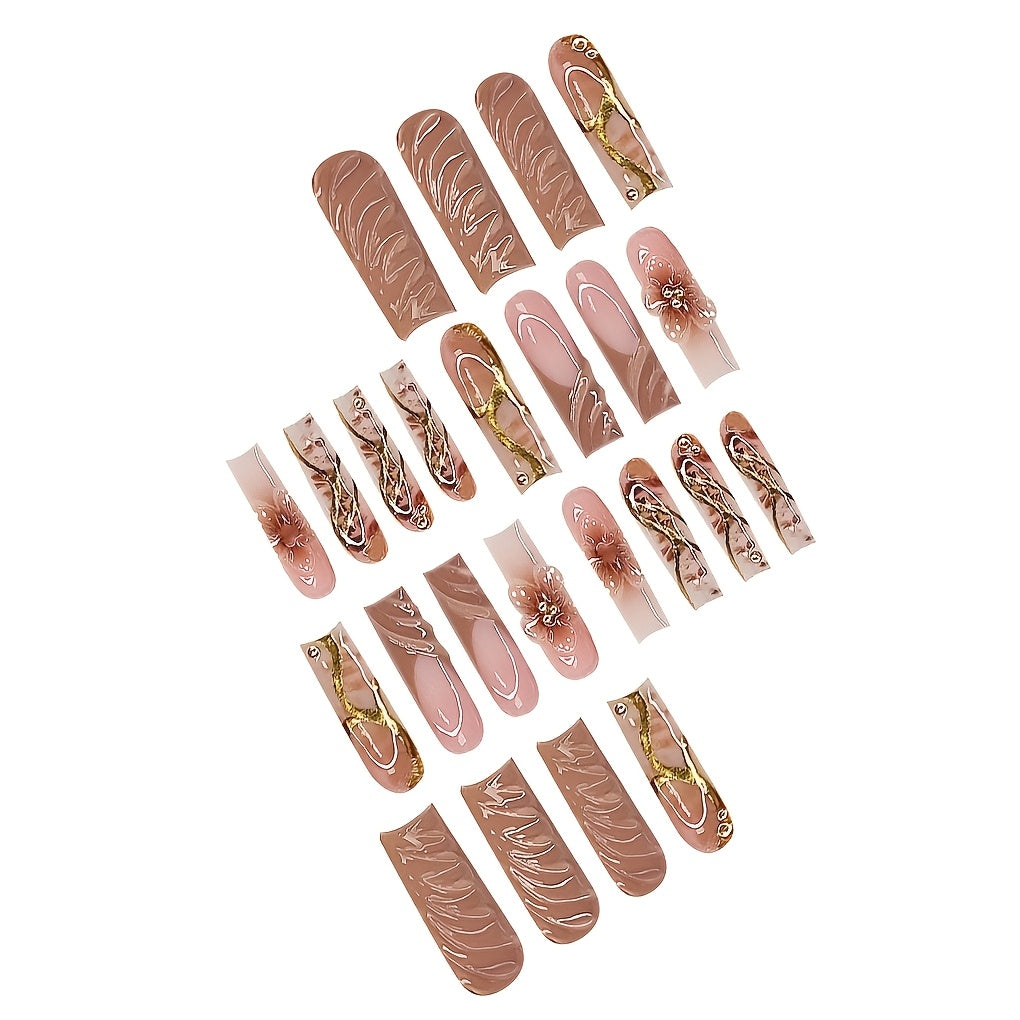 24pcs Water Drop Shaped Elegant Brown Floral Luxury Golden-Tone Rhinestone Suitable for All Women and s Set with Nail Buffing Sponge and Jelly Glue Included, Easy to Apply