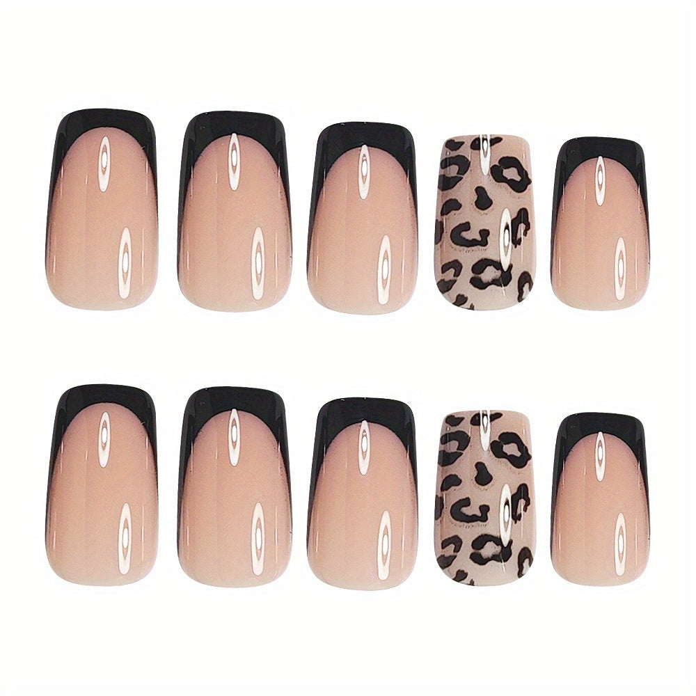 24pcs Black French-Style Minimalist Glossy Fake Nails with Leopard Print Design, Press-On Nails for Women and, Suitable for Daily Wear and Dating, Includes Jelly Glue and Nail File, Quick Nail Art, French Style Nails, Durable