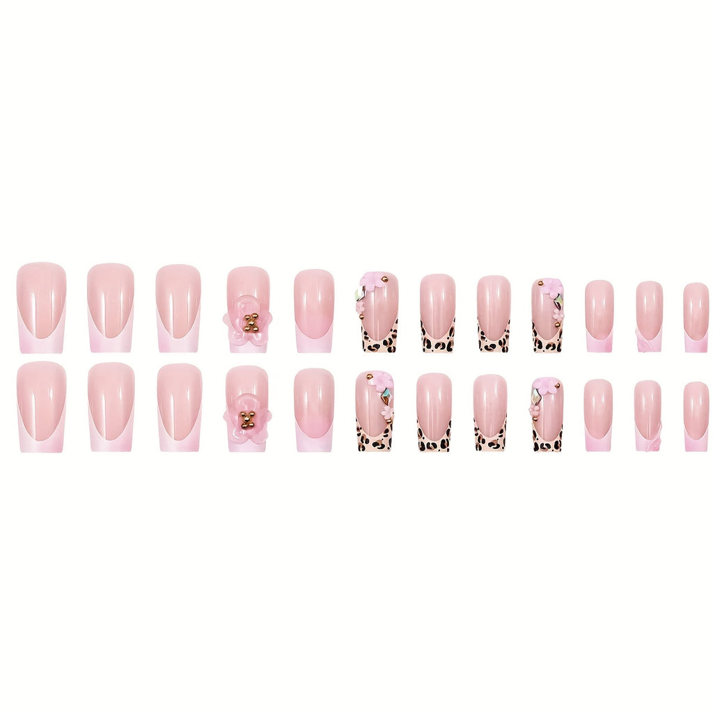 24pcs Leopard Print 3D Water Drop Flower Press-On Nails - Pink & White Gradient, Square Shape, Glossy Finish, Perfect for Daily Wear & Parties, Stylish Fake Nails for Women, Party Nails | Leopard Print Nails | Glossy Finish N