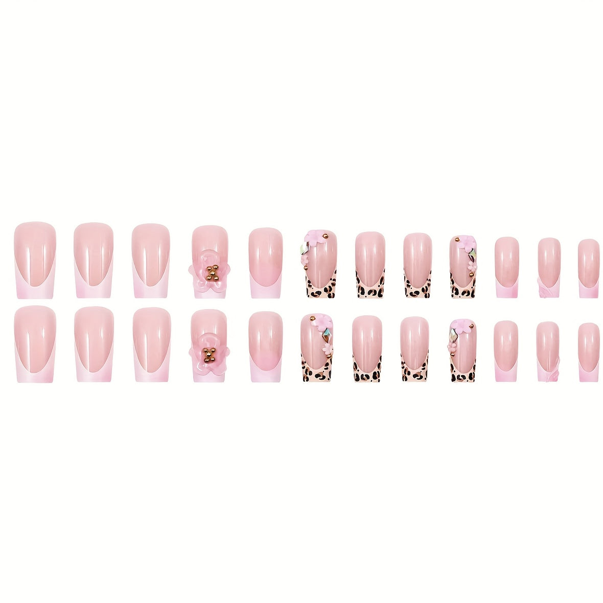 24pcs Leopard Print 3D Water Drop Flower Press-On Nails - Pink & White Gradient, Square Shape, Glossy Finish, Perfect for Daily Wear & Parties, Stylish Fake Nails for Women, Party Nails | Leopard Print Nails | Glossy Finish N