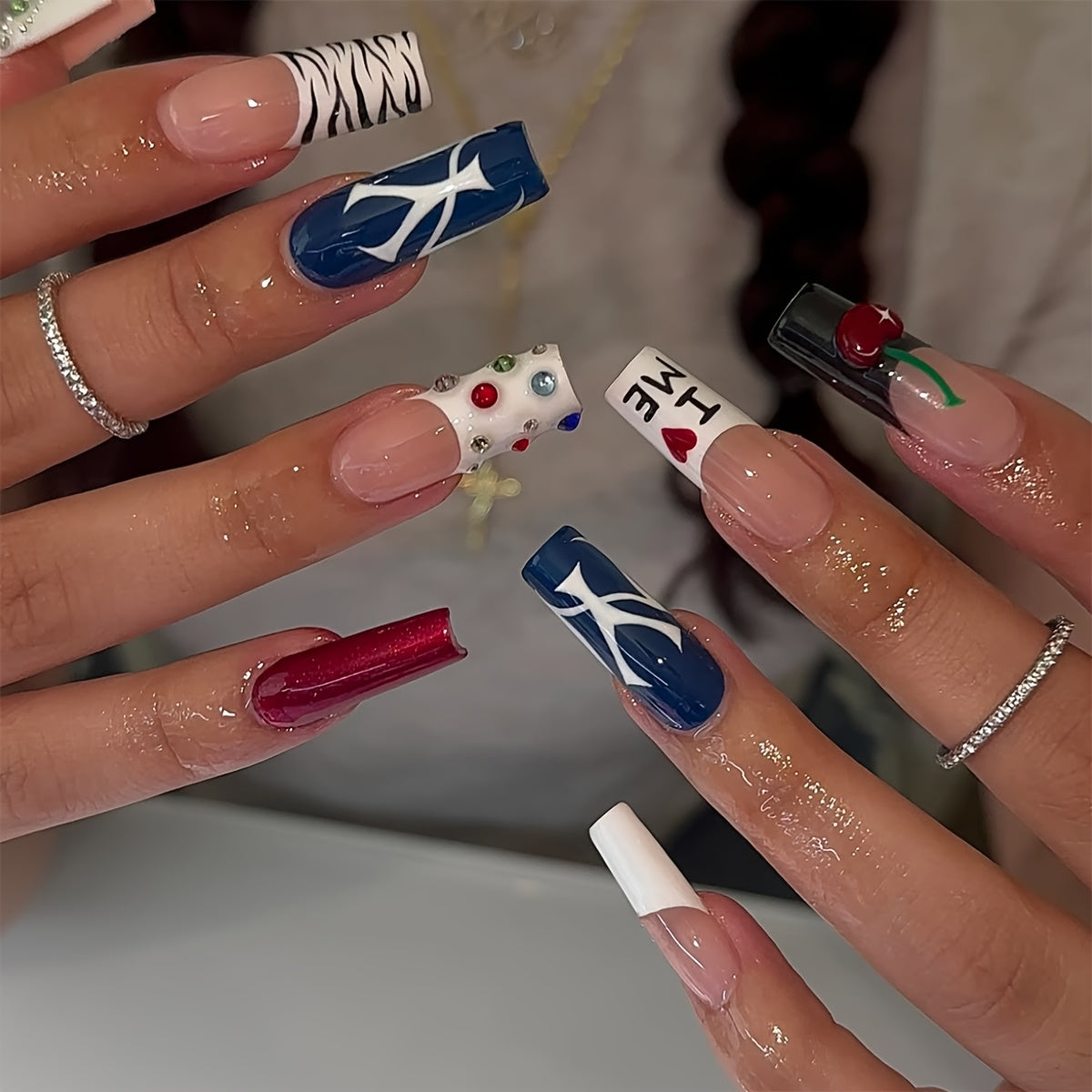 24pcs Long Square Press On Nails - Summer Blue & Black Contrast Glossy Fake Nails with Zebra Stripes, Cherry Accents, French Edges & Floral Designs - Hand-Painted Style for s, Birthday Party Gift, Portable Fake Nails, Nails A