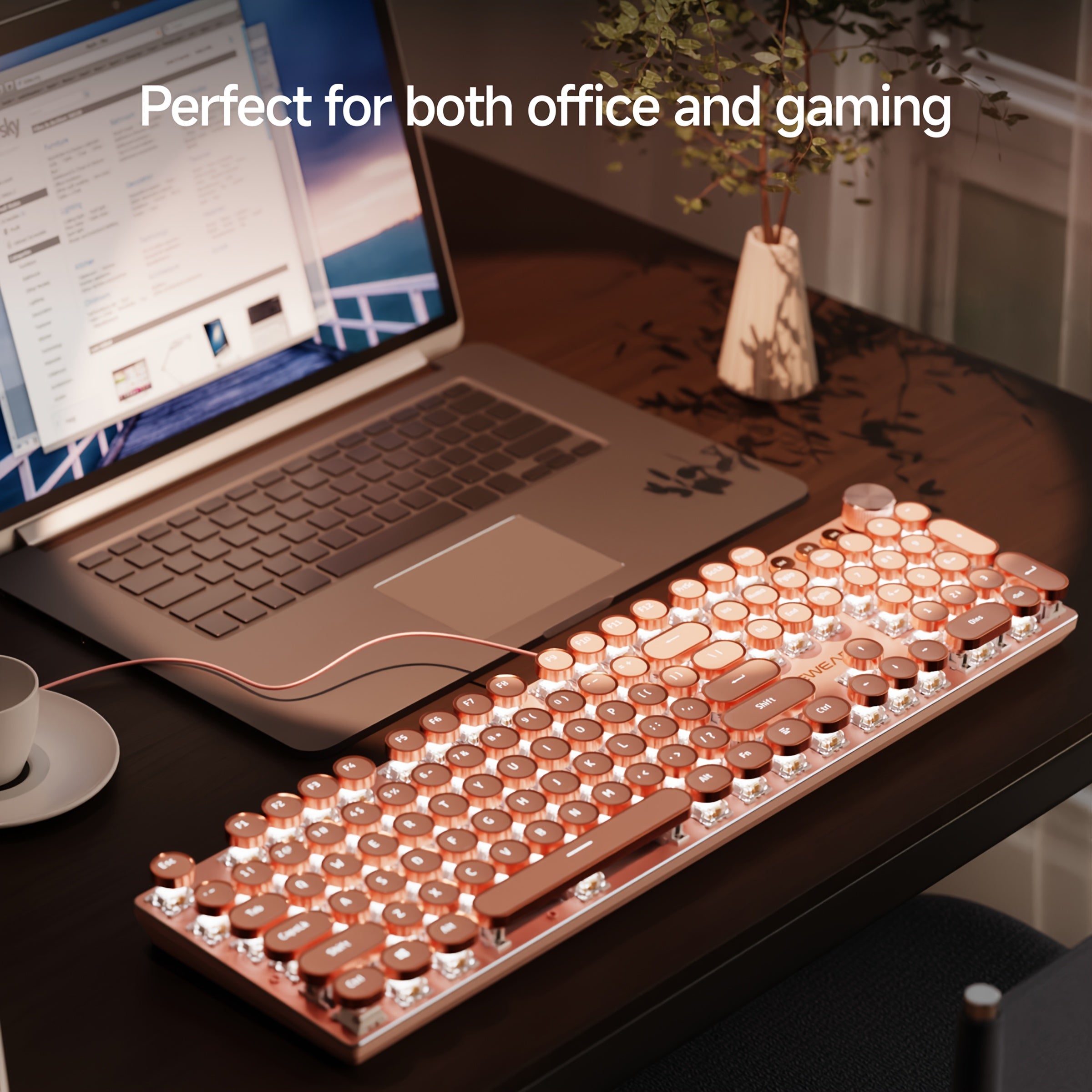 EWEADN Mechanical Gaming Keyboard Typewriter Style, 104 Keys Punk Wired Keyboard Retro, Office Keyboards Full Size LED Backlit, With Multimedia Knob, Ergonomic Design For Game And Office, For Windows Laptop PC/Tablet