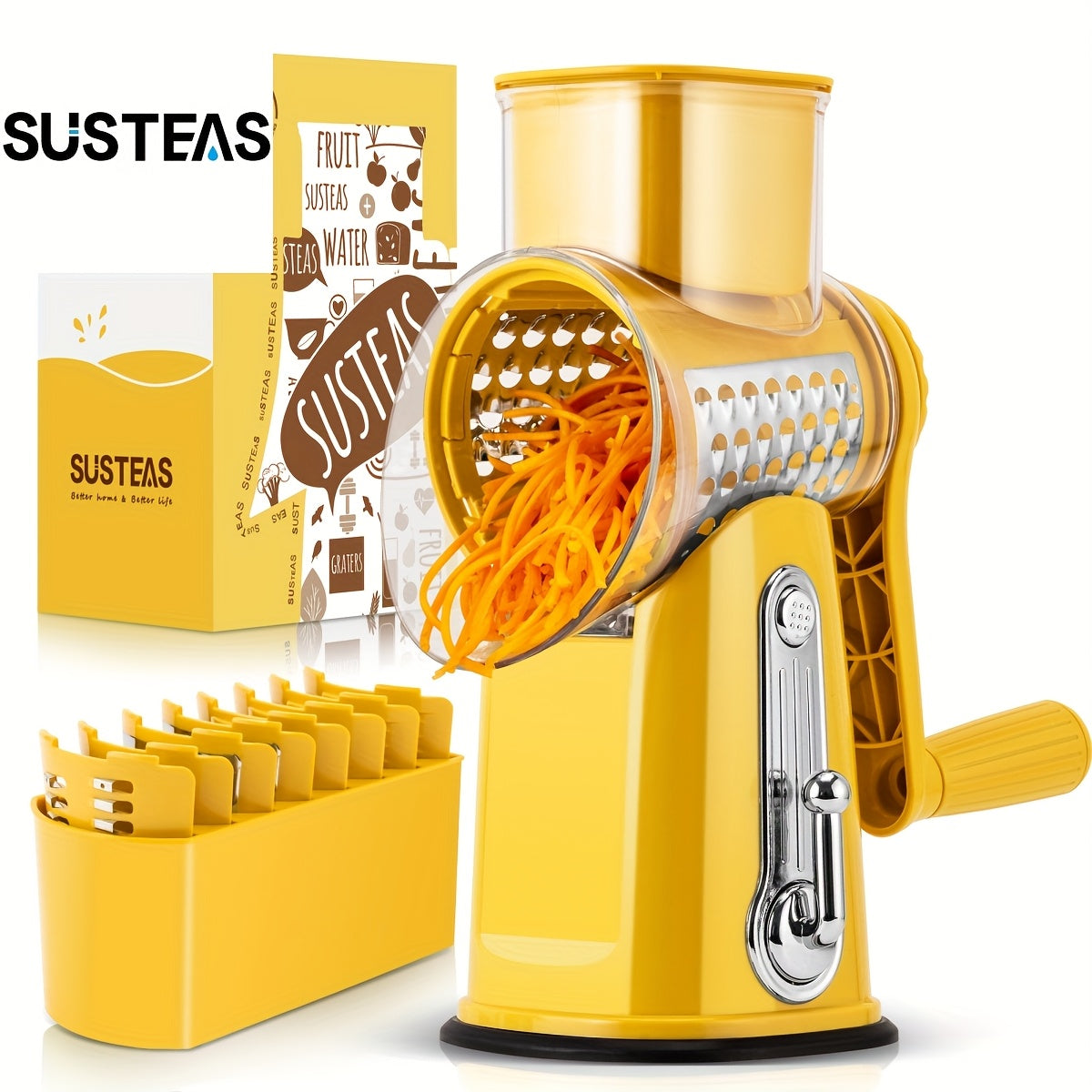 Rotary Cheese Grater With Handle - Vegetable Shredder With 5 Well-designed Blades & Strong Suction Base, Round Mandoline Slicer & Food Chopper For Kitchen, With Blade Storage Box(Beige, Retro Green)